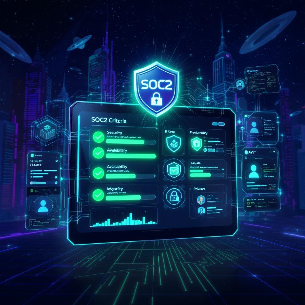 SOC 2 compliance background with cybersecurity HUD graphics